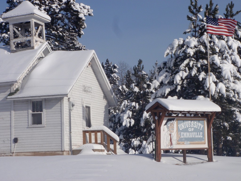 Mike emailed this bonus photo from Emmaville of the 1907 schoolhouse, labeled by previous owner Cal Jensen as the University of Emmaville. Jensen was a colorful character, Mike says, who posted several witty signs to attract tourists. Today the old schoolhouse is owned and used by two brothers as a hunting cabin.